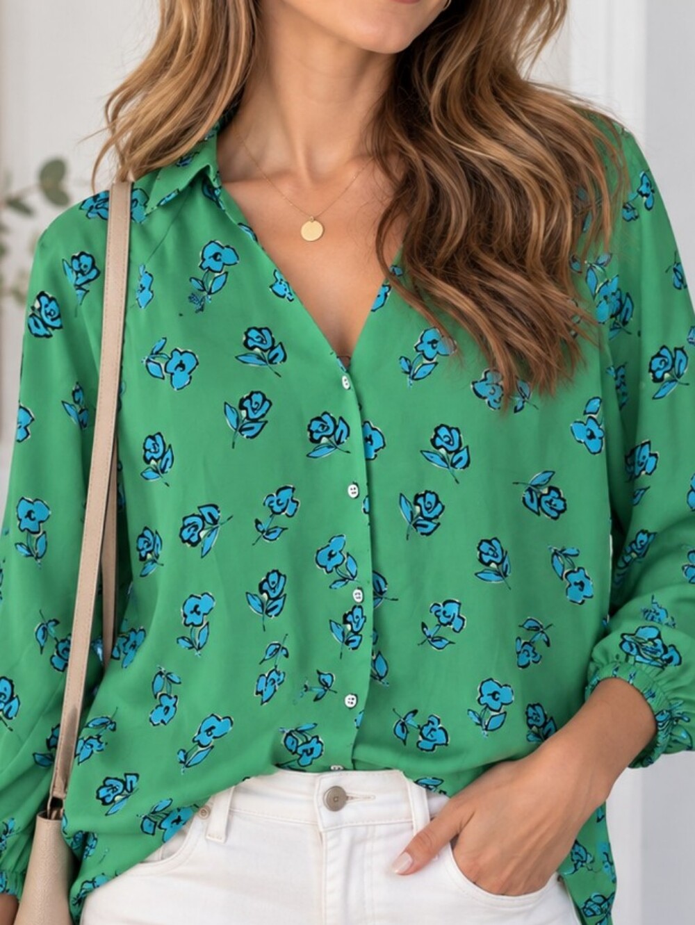 CAbi Go To Blouse Style 5891 Green Blue Floral Button Front XS